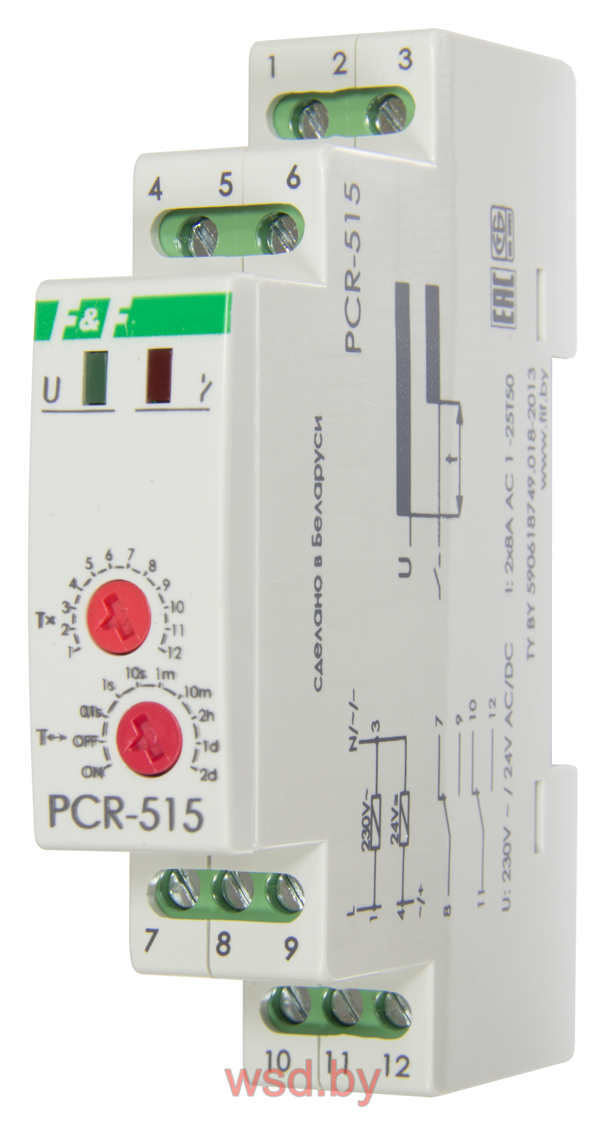 PCR-515 с задержкой включения, 1 модуль, монтаж на DIN-рейке 230В AC, 24B AC/DC 2х8А  2NO/NC IP20